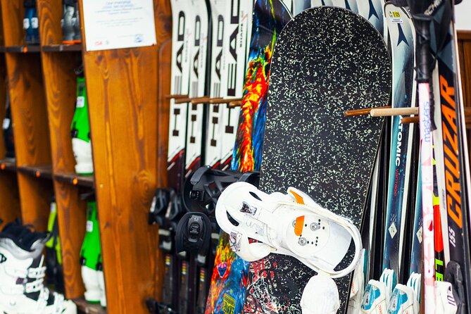 Ski and snowboard equipment in Bansko,Bulgaria - The pickup process and first run toward the lifts
